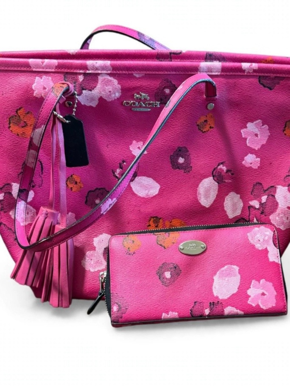COACH Pink Floral Tote with Matching Zip Wallet